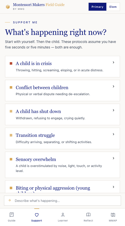 Support Me — crisis protocol list in the Field Guide app