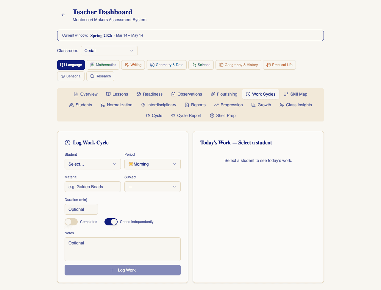 MMAS Work Cycle Logger interface
