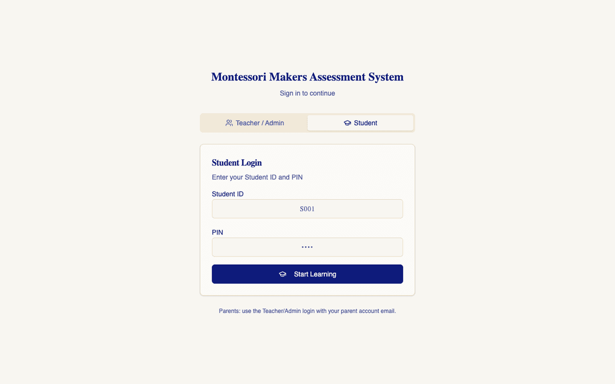 MMAS student PIN login screen